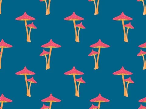 Toadstool mushrooms seamless pattern. Mushrooms with red caps. Not edible poi イラスト素材