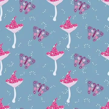 Toadstools and butterflies seamless vector pattern Illustrazione stock