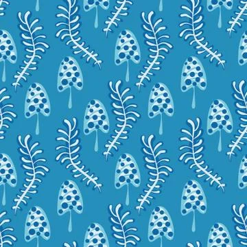 Toadstools and ferns seamless vector blue pattern Stock Illustration
