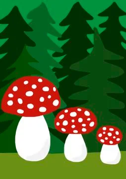 Toadstools in front of fir tree naive illustration Germany Europe Stock Illustration