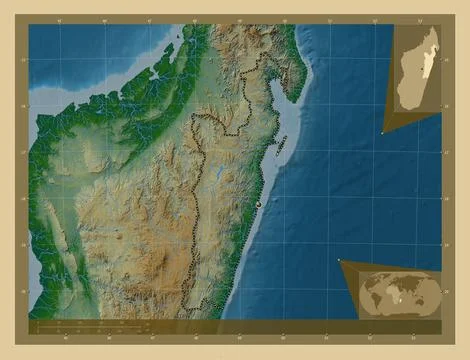 Toamasina, Madagascar. Colored elevation map with lakes and rivers Stock Illustration