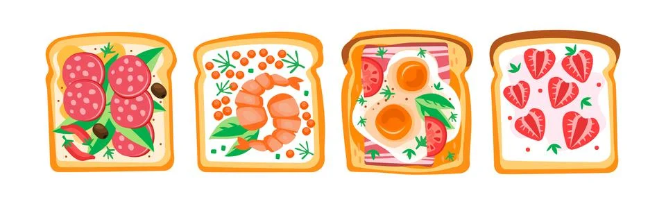 Toast with Bread and Different Top Ingredients Vector Set 스톡 일러스트