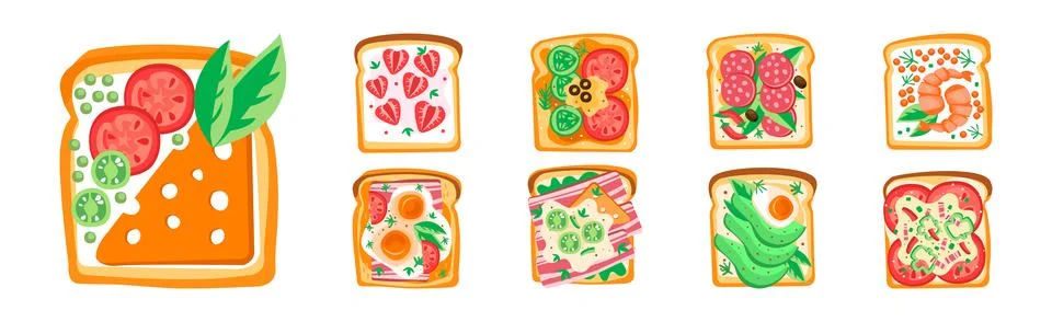 Toast with Bread and Different Top Ingredients Vector Set Stock Illustration