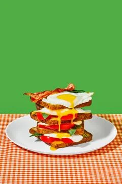 Toast bread, fiend eggs, bacon, tomatoes and basil on plate on checkered Stock Photos