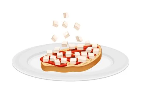 Toast Bread Slice with Meat and Cheese Rested on Plate as Bruschetta Preparation Stockillustratie