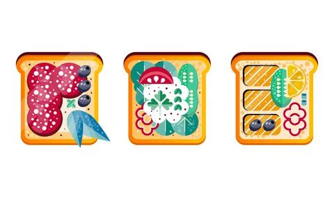 Toast Breads with Different Ingredients Set, Top View of Healthy Sandwiches Flat Stock Illustration