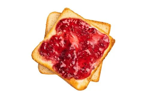 Toast with butter and raspberry jam isolated on white background. top view Stock Photos
