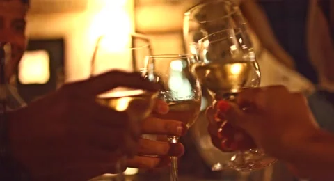 Toast Cheers Wine Glasses Clinking Young Friends Party Celebration Joy Happiness Stock Footage