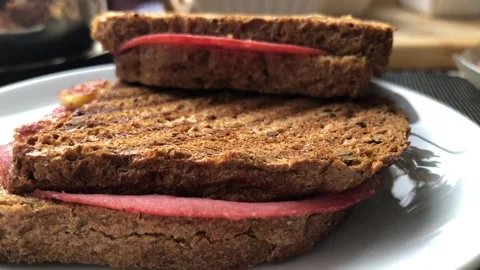 Toast with jambon for breakfast. Stock Footage 272620069