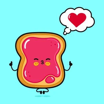 Toast piece of bread with jam doing yoga with speech bubble. Vector hand dr.. Stock Illustration