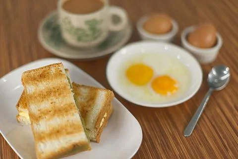 Toasted bread and egg set in south east asia Stock Photos