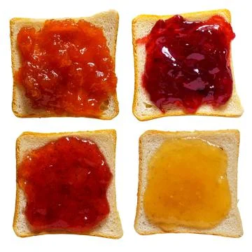 Toasted bread with different jams isolated Stockfoto's