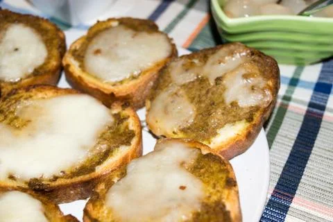 Toasted bread with olive paste and cheese Stock Photos
