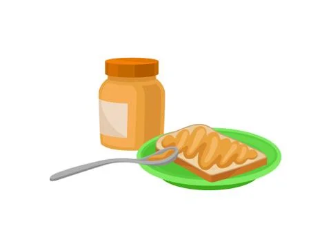 Toasted bread on plate and jar with peanut butter. Delicious breakfast. Tasty Stock Illustration