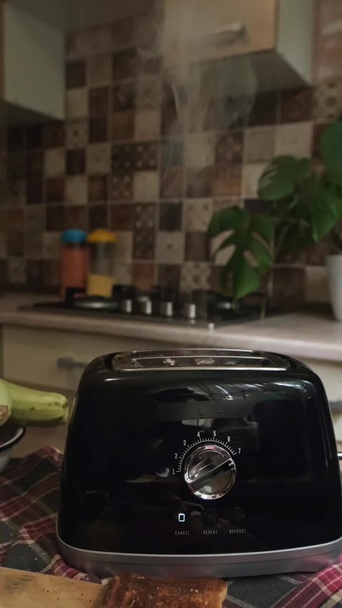Toasted bread is ready steam and light smoke rise from the toaster creating a Stock Footage 311864414