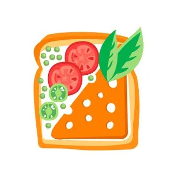 Toasted bread slice with butter, cheese, tomatoes, cucumbers and basil leaves イラスト素材