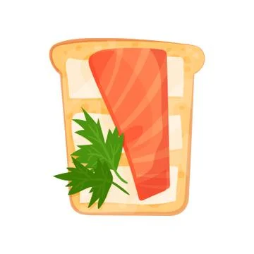 Toasted bread slice with smoked salmon fillet, butter and parsley. Delicious Stock Illustration