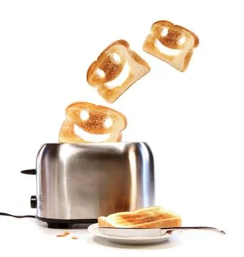 Toasted bread with toaster on white Stock Photos