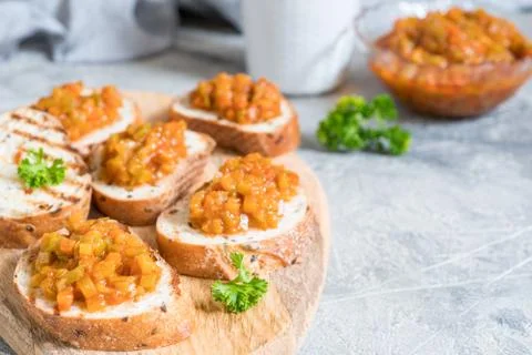 Toasted bread with vegetable caviar, made of squash, pumpkin, tomato, carrot Stock-Fotos