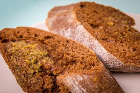 Toasted rye bread in a plate close-up. Morning breakfast Stock Photos