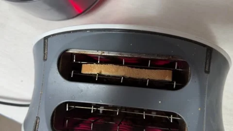 Toaster with glowing heating elements preparing bread, kitchen appliance in use, Stock Footage 337117962