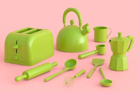 Toaster, kettle with kitchen utensil for preparation of breakfast on monochro Stock Illustration