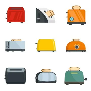 Toaster kitchen bread oven icons set, flat style Stock Illustration