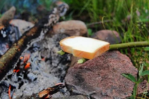 Toasting bread over a campfire using a wooden stick Stock Photos