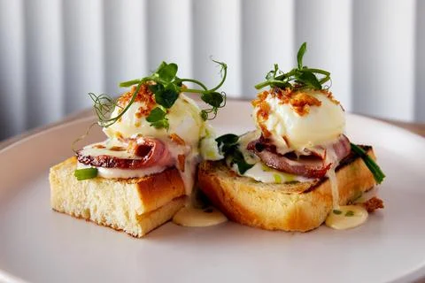 Toasts with Benedict eggs ham and microgreen served on plate Stock Photos