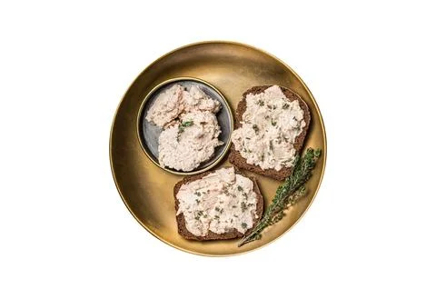 Toasts with Cod liver Spread pate on a plate. Isolated on white background. Stock Photos
