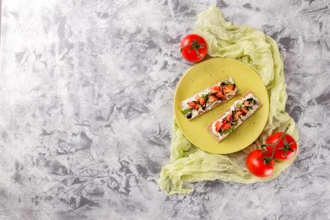 Toasts on crispbread with tomatoes Stock Photos