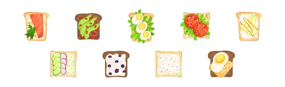 Toasts With Different Ingredients Top View Vector Set Stock Illustration