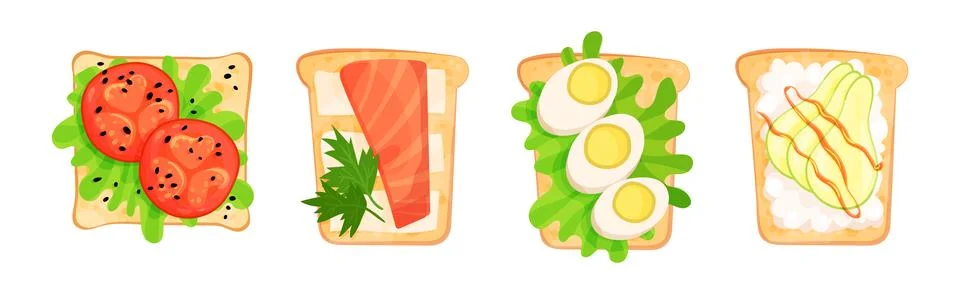 Toasts With Different Ingredients Top View Vector Set Stock Illustration