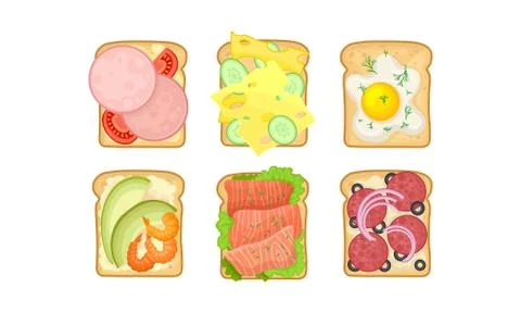 Toasts With Different Ingredients Vector Set. Top View of Sandwiches Stock Illustration