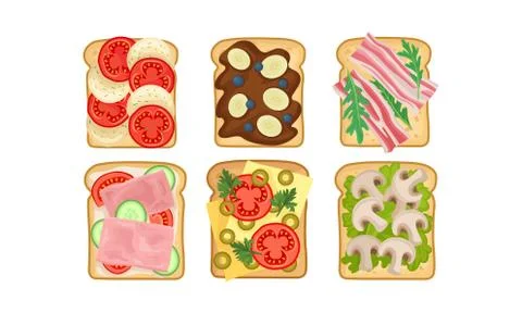 Toasts With Different Ingredients Vector Set. Top View of Sandwiches Stock Illustration