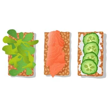 Toasts with red fish, cucumbers and herbs, healthy nutrition, vector image Stock Illustration