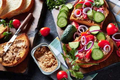 Toasts for summer breakfast with Cod Liver Stock Photos