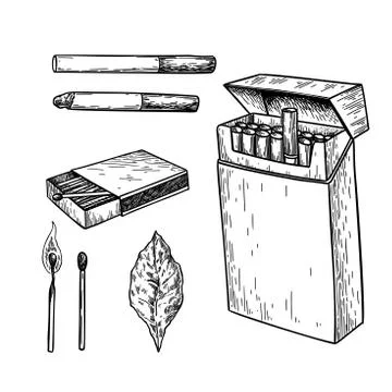 Tobbaco smoking vector drawing set. Cigarette pack, matches box, Stock Illustration