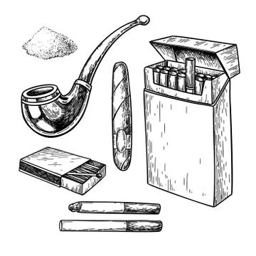 Tobbaco smoking vector drawing set. Cigarette pack, cigar, matches box, pipe Stock Illustration