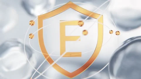 Tocopherol Vitamin E golden shield icon with orbital particle rings. 3D render Stockbeeldmateriaal 336785031