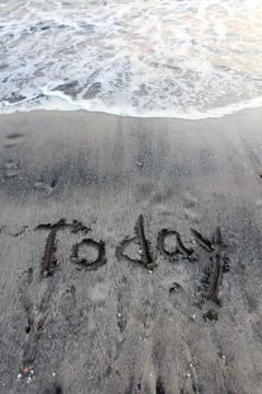 Today words on sand Stock Photos