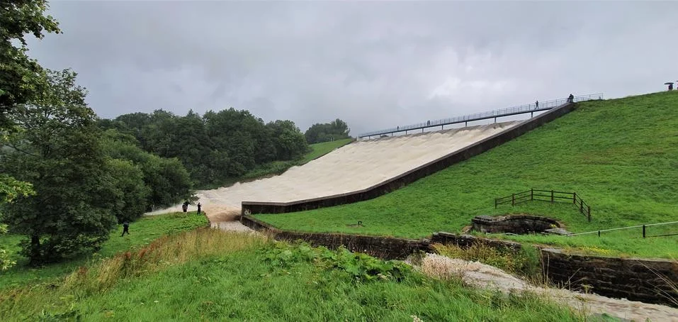 Todd Brook Reservoir emergency spillway in operation  31st july 2019 Stock Photos