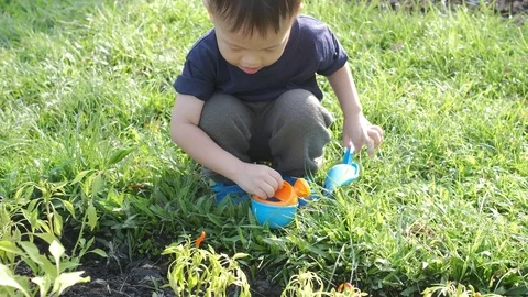 Toddler boy child having fun watering home grown vegetable  Stockbeeldmateriaal 99971944