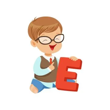 Toddler boy doing speech game exercises on letter E. Learning through fun Ilustração Stock