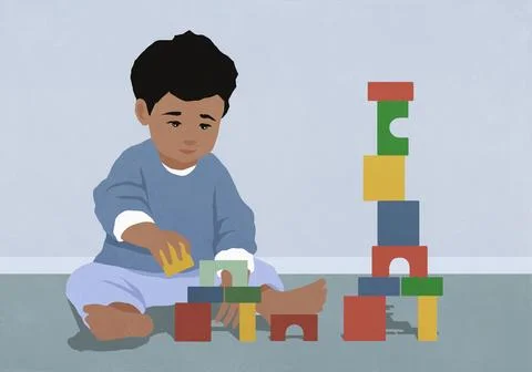 Toddler boy playing, stacking toy blocks on floor Stock Illustration