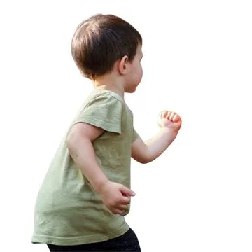 Toddler boy running on plain white background. Active child playing and movin Stock Photos