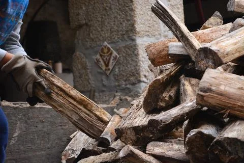 Toddler boy in work gloves stacks firewood against the background of a rura.. Stock Photos