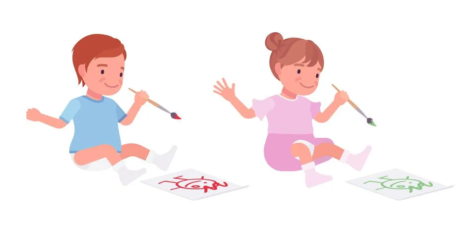 Toddler child, little boy and girl drawing picture with paints Stock Illustration