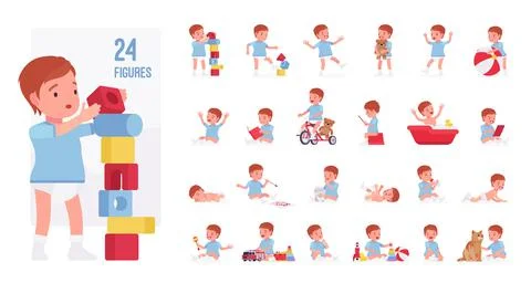 Toddler child, little boy playing with toys character set Illustrazione stock