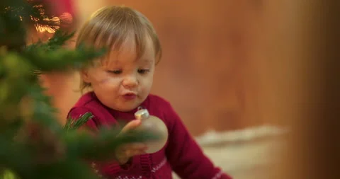 Toddler decorating christmas tree Stock Footage 143713264